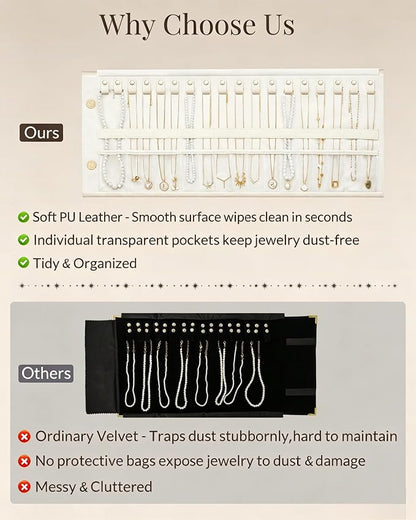 Lolalet Travel Necklace Organizer, Tangle-Free Necklace Case for Travel, Foldable Roll Up Jewelry Storage Bag for Necklaces Chains Bracelets, Beige, 18 Slots Holder