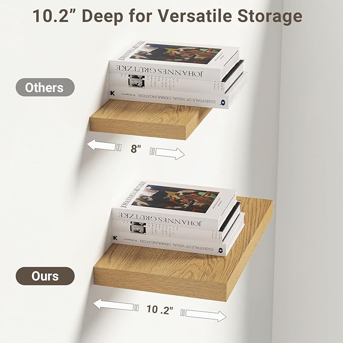 Vivelove 10" Deep Floating Shelves Over Toilet, 10.2" Wall Shelves for Bathroom Bedroom Kitchen Living Room Laundry Room, Modern Rustic Shelves for Home Decor, 10.2"x10.2"x1.5", Set of 2, Oak