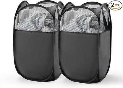 TECHMILLY Pop Up Foldable Laundry Basket, Mesh Laundry Hamper with Reinforced Handles for Dirty Clothes Storage in Dorm, Laundry Room, Bathroom, Black(Fabric), 2 Pack