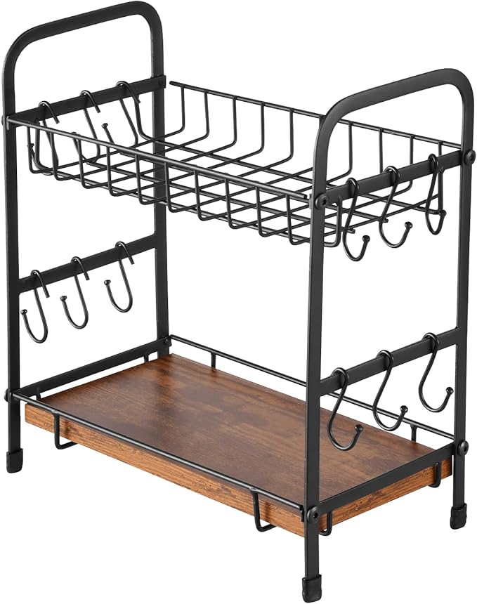 VEVOR 2 Tier Coffee Bar Organizer for Countertop, Multifunctional Mug Holder and Coffee Station, 12 Movable Hooks and 2 Shelves for Coffee Accessories Storage and Display, Home Office (Matte Black)