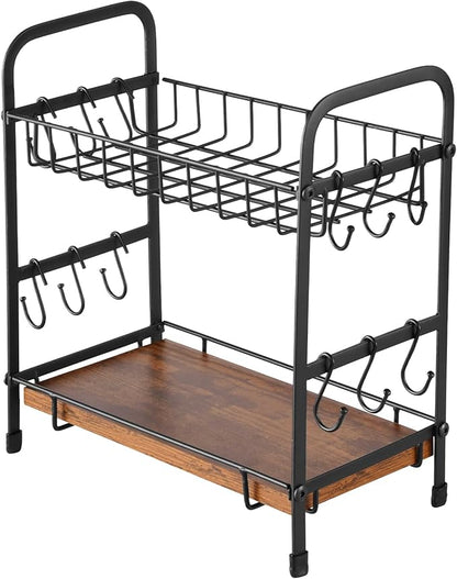 VEVOR 2 Tier Coffee Bar Organizer for Countertop, Multifunctional Mug Holder and Coffee Station, 12 Movable Hooks and 2 Shelves for Coffee Accessories Storage and Display, Home Office (Matte Black)