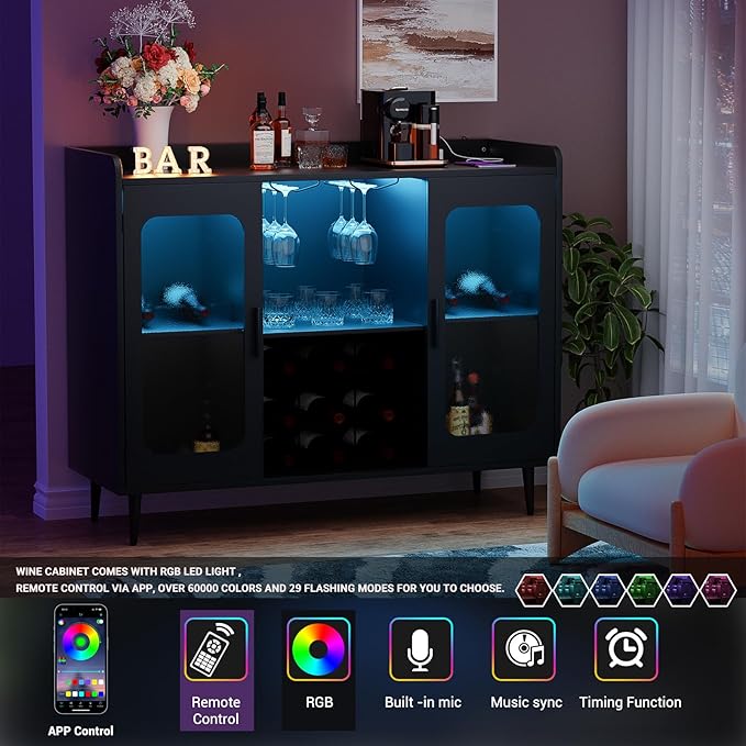 Liquor Cabinet Bar with Power Outlet and LED Light, Wine Bar Cabinet with Wine and Glasses Rack, Home Coffee Bar Cabinet, Buffet Sideboard with Storage Shelf for Kitchen, Dining Room, Black