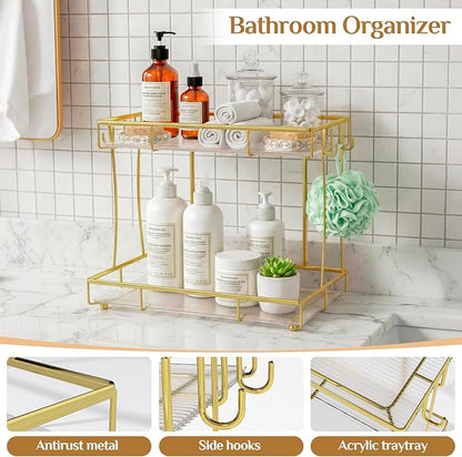 Bathroom Organizer Countertop Perfume Organizer Makeup Organizer Cosmetics Storage Display Rack Vanity Tray Dresser Steel Gold Shelf Transparency Wavy Acrylic Tray (2 Tier Golden)