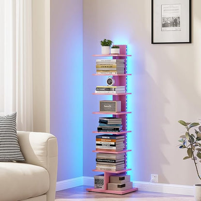 TUTOTAK Narrow Bookshelf, 8-Tier Bookcase with LED Lights, Spine Book Shelf for Small Space, Corner Standing Shelf for Living Room, Office, Study, Entryway, Pink BS06BP008L
