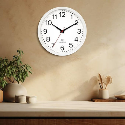 AKCISOT Atomic 10 Inch Wall Clock, Analog Indoor Battery Operated Clock for Kitchen Bedroom Office Classroom Living Room (White)