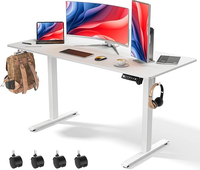 55 x 24 inch Electric Standing Desk Adjustable Height with 4 Wheels, 4 Memory Height Settings, 2 Headphone Hook, for Home Office, Splice Board White