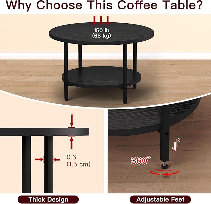 Coffee Table, 27.6“ Circle Coffee Tables for Living Room, 2 Tier Round Coffee Table with Storage, Wood Accent Center Floor Table for Bedroom, Industrial Home Office, Black (27.6" D x 17.7" H)