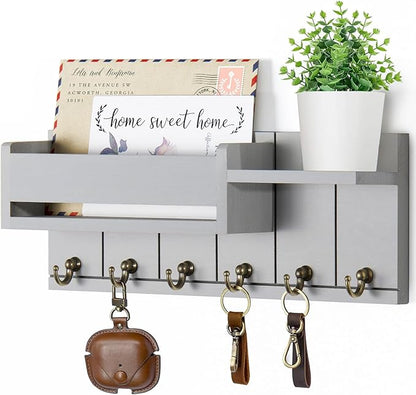 Key Holder Wall Mount - Key Hooks for Wall Decor Living Room - Wooden Key Hanger Rack and Mail Organizer with Shelf for Home Essentials - Modern Entryway House Decor Aesthetic