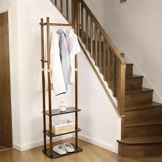 Wood Coat Rack Freestanding Clothing Rack with 3 Storage Shelves and 5 Hooks Coat Tree Heavy-Duty Garment Rack for Corner Entryways Living Rooms and Bedrooms, Walnut
