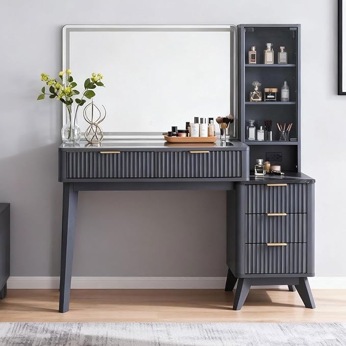 RedLemon 48" Fluted Vanity Desk with 36" Large HD Mirror and Lights, Modern Wood Glass Tabletop Makeup Table with Adjustable Storage Shelves, 5 Drawers, Charging Station for Bedroom, Dark Grey