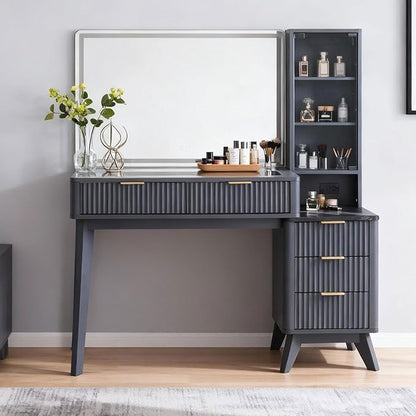 RedLemon 48" Fluted Vanity Desk with 36" Large HD Mirror and Lights, Modern Wood Glass Tabletop Makeup Table with Adjustable Storage Shelves, 5 Drawers, Charging Station for Bedroom, Dark Grey