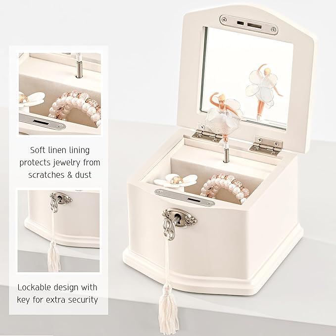 Wooden Musical Jewelry Box for girls with Mirror and Key Lock, Gift for Kids on Birthdays and Holidays (Pink, Small) (White, Small)
