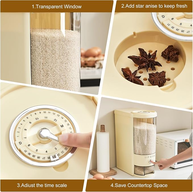 UFORU Rice Dispenser 10 lbs | Large Rice Storage Container for Kitchen&Pantry - Space-saving, Moisture & Pest-proof, BPA-Free - Dry Food Dispenser with One-Touch Dispenser & Measuring Cup for Families