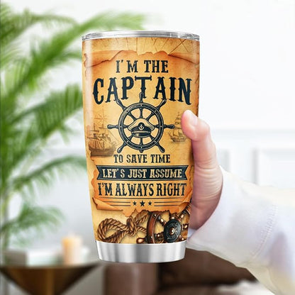 Captain Quote Travel Mug 20oz, Nautical Themed Stainless Steel Insulated Tumbler for Boating Enthusiasts, Funny Gift for Boat Owners, Men, Dad, or Outdoor Use