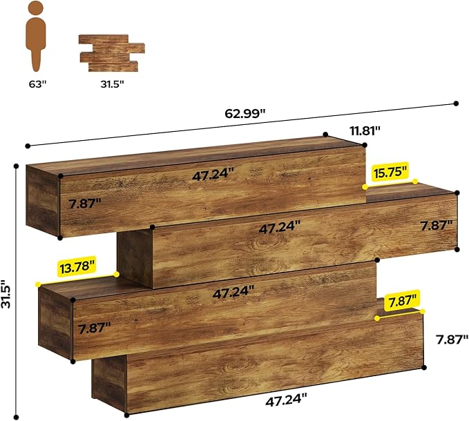 63" Long Farmhouse Console Table for Entryway, Modern Wooden Sofa Table Behind Couch, 4-Tier Storage Entry Table Hallway Table for Living Room, Unique Design Rustic Foyer Table, Walnut