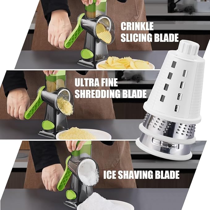 KEOUKE Rotary Cheese Grater Pro 6 in 1 - Shredder Crinkle Slicer Grinder Ice Shaver, Stable Suction, Time-saving Easy Use & Clean, Safe Morden Kitchen Tool for Cheese, Vegetable, Nuts, Chocolate