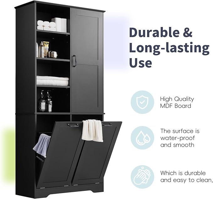 Tall Storage Cabinet with Door and Open Shelf, Multi-Functional Laundry Hamper Basket for Home Bathroom, Laundry Room, Black