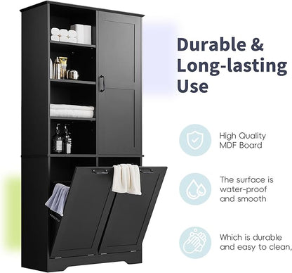 Tall Storage Cabinet with Door and Open Shelf, Multi-Functional Laundry Hamper Basket for Home Bathroom, Laundry Room, Black