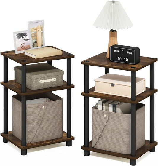 Furinno JUST Side Table Set of 2, 3-Tier Modern End Tables, Open Shelves Night Stand, Nightstand Set, Toolless Assembly, for Living Room, Bedroom, Amber Pine