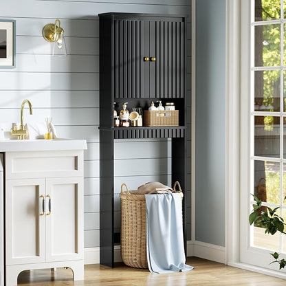 Over The Toilet Storage Cabinet, Over The Toilet Storage with Fluted Door Over The Toilet Cabinet with Adjustable Shelf Above The Toilet Storage Cabinet for Bathroom Organizer, Black