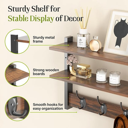 Two-Tier Wall Shelf with Hooks, 17" Coat Rack Wall Mount with Shelf, Key Hooks for Wall with Heavy Duty Double Hooks, Coat Hook Wall Mounted for Bedroom, Living Room, Rustic Brown