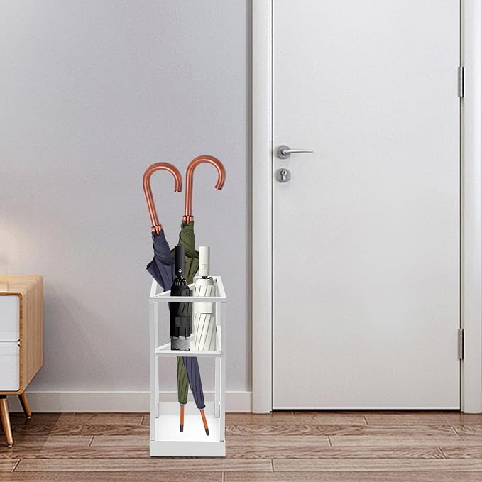Umbrella Rack for Entryway, Modern Metal 20.87in Tall Freestanding Umbrella Holder with Built-in Shelf, Compact Storage for Long&Short Stick Rain Umbrellas and Walking Canes (White)