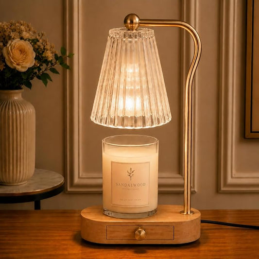 Candle Warmer Lamp with Timer & Dimmer, Natural Wooden Base with Drawer, Gold-Tone Metal Stand, Extra Bulb Included, Candle Warming Lamp, Electric Candle Wax Warmer