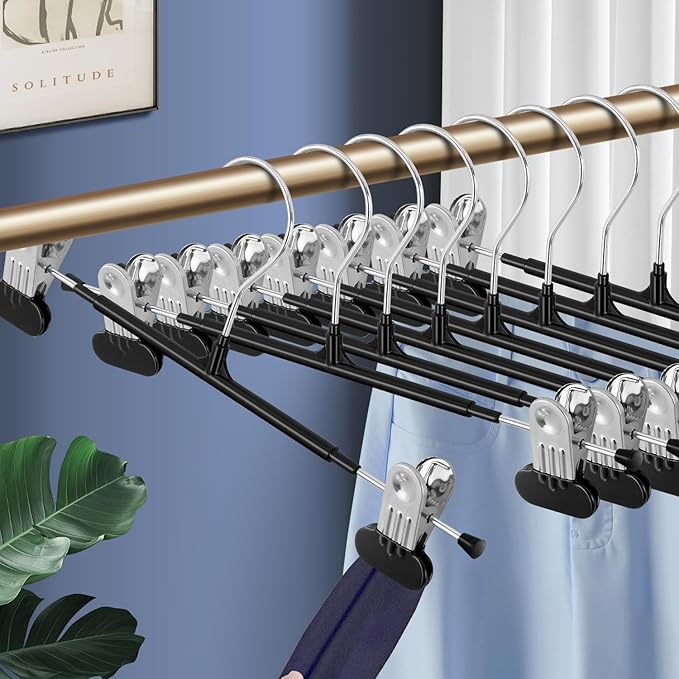 14Inch Clothes Pants Hangers with Wide Clips 20 Pack,Non-Slip Adjustable Skirt Hanger for Women,Space-Saving Heavy Duty Men Hangers for Pants,Trousers,Jeans,Shorts,Black