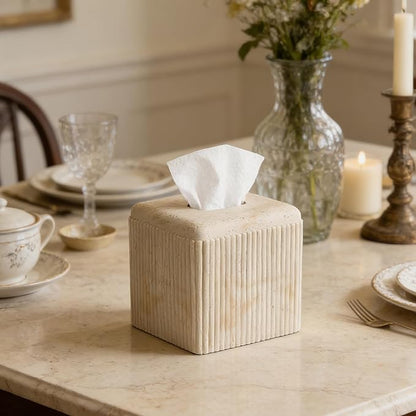 Natural Travertine Texture Striped Square Tissue Box Cover Decorative,Resin Heavy Sturdy Tissue Box Holder, Facial Paper Holder for Bathroom Vanity Countertop, Bedroom Night Stand,Office and End Table