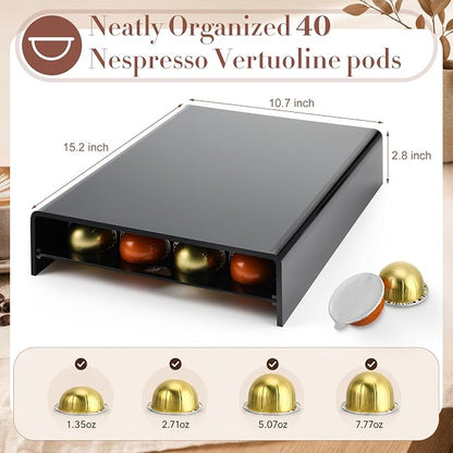 Coffee Pod Drawer Organizer with Black Station Organizer Compatible with Nespresso Vertuo Acrylic Coffee Capsule Holder Drawer Machine Accessories 40 Pods
