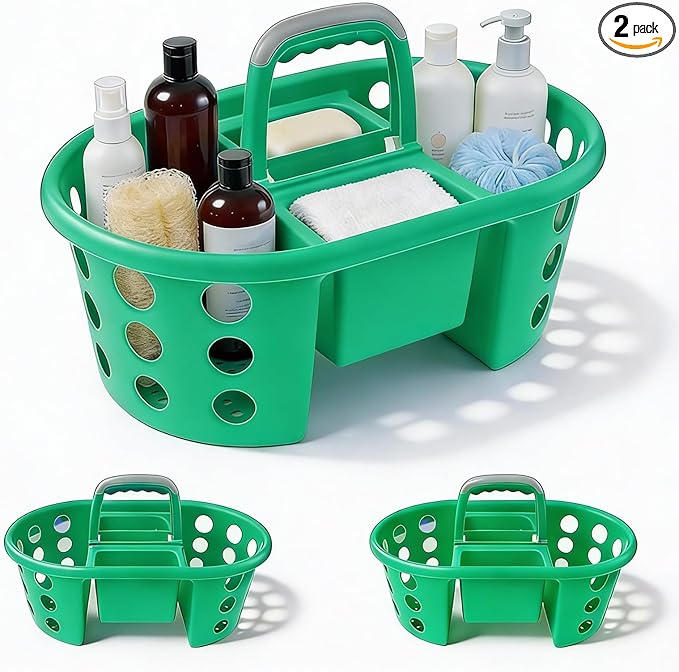 Large Shower Caddy Portable 2PC - Made in USA Plastic Jumbo Size Dorm Storage Candy Tote with Handle Shower Organizer for Bathroom, Pantry, Kitchen, College Dorm, Green