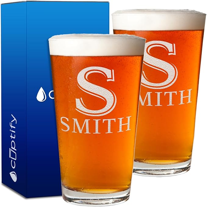Cuptify Personalized Beer Glasses Set of 2 Vestige Monogram Laser Engraved 16 oz Pint Drinking Glasses Customized Mug Birthday Gift for Men and Women