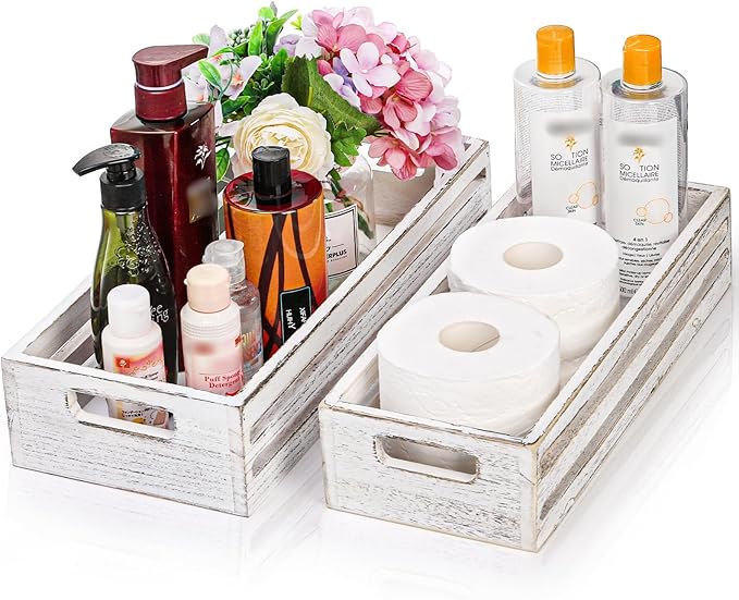 2 Pack Bathroom Decor Box, 16" 15" Wooden Toilet Paper Holder, White Toilet Storage Basket, Toilet Tissue Tray with Handles for Home Decor, Tank Topper, Bathroom Kitchen Counter
