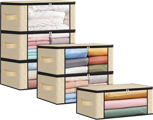 Fab totes 35L Closet Organizers and Storage, Foldable Under Bed Storage Containers, Storage bags for Organizing Bedroom, Closet, Clothing,Organization with Handle (6 Pack,Beige)