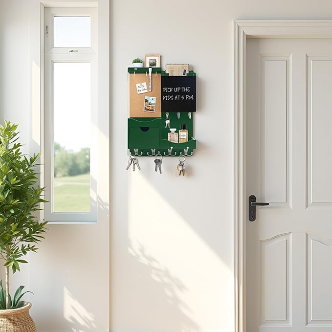 Key Holder Wall Mount， Mail Organizer Key Holder for Wall with Shelf, Drawer, Chalkboard, Corkboard, Home Decor Wall Mounted for Room Entryway (Green)