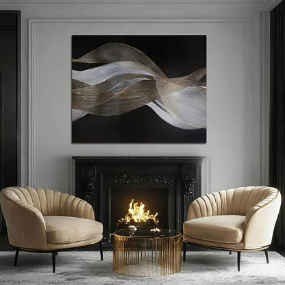 ZENPEE Modern Gold and White Wave Wall Art, Hand Painted on Canvas, Black Background, Textured Wall Art, Framed, Ready to Hang, Contemporary Decor for Living Room Office 32x40 In