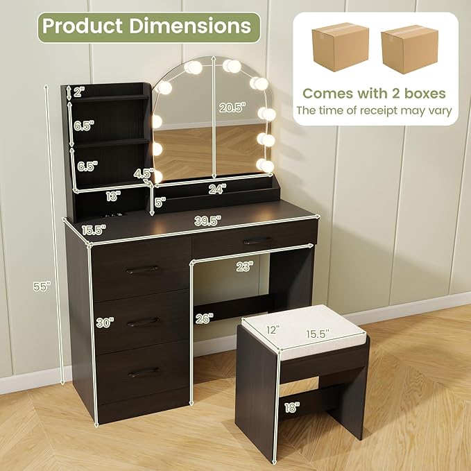 COSTWAY Vanity Desk with Mirror and Lights, Dressing Table with Charging Station, 3 Shelves, 1 Tabletop Storage Organizer, 4 Drawers and Stool, Bedroom Makeup Vanity Set for Girl, Teen, Women (Black)