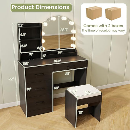 COSTWAY Vanity Desk with Mirror and Lights, Dressing Table with Charging Station, 3 Shelves, 1 Tabletop Storage Organizer, 4 Drawers and Stool, Bedroom Makeup Vanity Set for Girl, Teen, Women (Black)