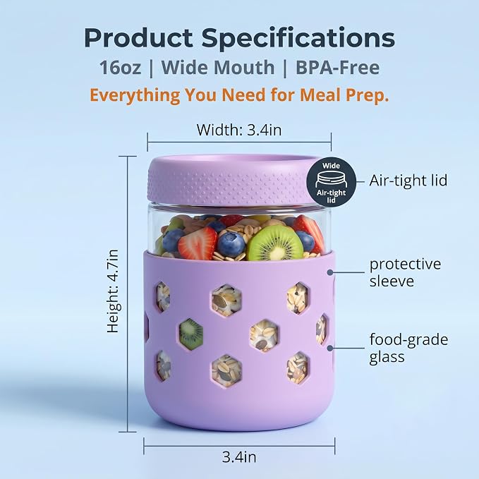 6-Pack 16 oz Overnight Oats Jars with Lids & Silicone Sleeves - Airtight Glass Mason Jars, Food Storage, Wide Mouth Meal Prep Containers for Chia Pudding, Yogurt, Berries & Snacks (Include Spoons)