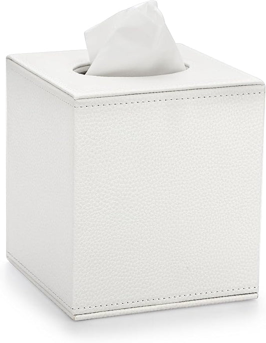Sumnacon Tissue Box Cover Square Tissue Box Stylish PU Tissue Box Holder with Magnetic Bottom, Cube Leather Tissue Cover for Living Room Bathroom Table Desk Home Office Car,White
