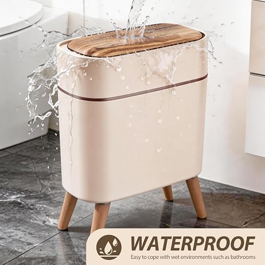 suyika Automatic Trash Can, 2.6 Gallon/10L Bathroom Trash Can with Lid - Wood Grain Lid and Legs, Touchless Waterproof Garbage Bin for Bedroom, Bathroom, Office, Living Room