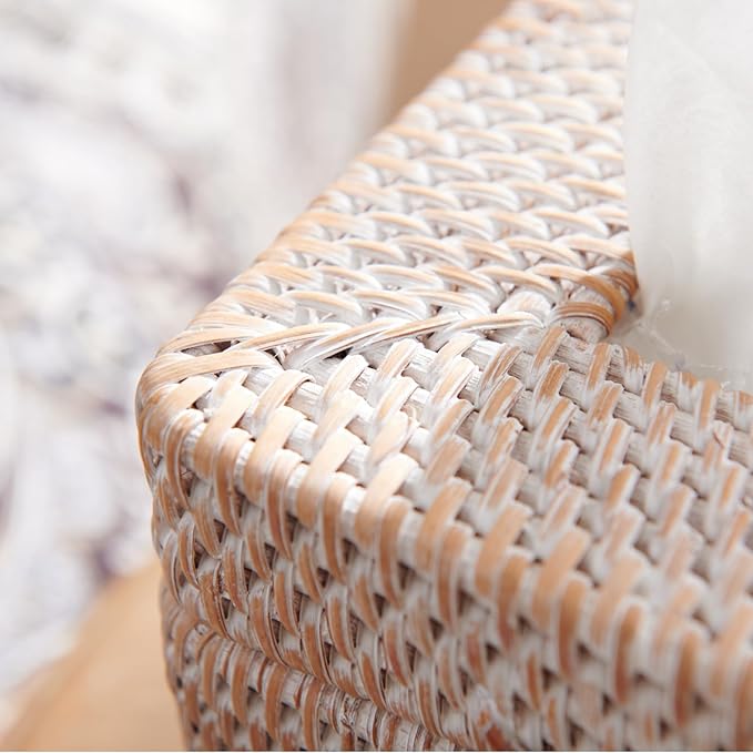 Rattan Square Tissue Box Cover, 5.7" x 5.7" x 5", Decorative Woven Facial Tissue Holder with Hinged Top Lid, Whitewash