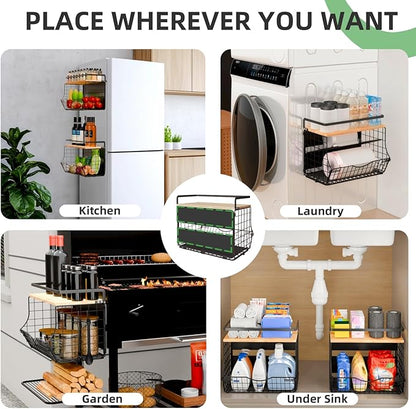 Magnetic Shelf for Fridge with Wood Lid, Fruit Potato and Onion Storage Bins, Kitchen Large Container Magnetic Spice Rack for Refrigerator, Kitchen Counter, Tools, Snack (BLACK, 2 Pack)