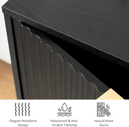 Fluted Storage Cabinet with 3 Doors, Sideboard Buffet Cabinets Adjustable Shelves, Credenza Console Table Cabinets for Living Room, Black