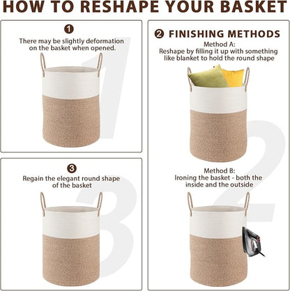 OIAHOMY Large Laundry Basket Hamper - 60L Cotton Rope Woven Basket for Blankets, Toys, Clothes - Tall Decorative Nursery Hamper with Long Handles, Brown/White