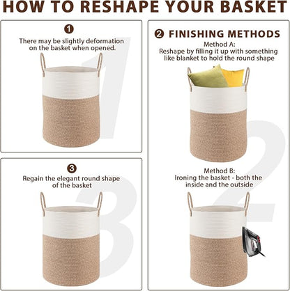 OIAHOMY Large Laundry Basket Hamper - 60L Cotton Rope Woven Basket for Blankets, Toys, Clothes - Tall Decorative Nursery Hamper with Long Handles, Gradient Brown