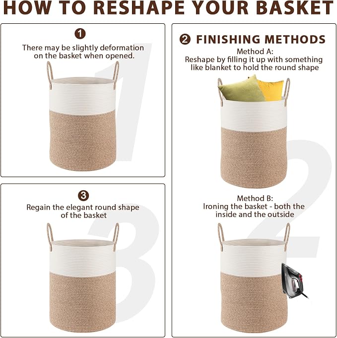OIAHOMY Large Laundry Basket Hamper - 80L Cotton Rope Woven Basket for Blankets, Toys, Clothes - Tall Decorative Nursery Hamper with Long Handles, Yellow/Black