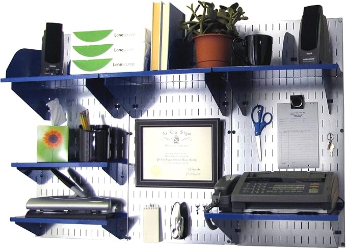 Wall Control Office Organizer Unit Wall Mounted Office Desk Storage and Organization Kit Slotted Metallic Wallboards and Blue Accessories