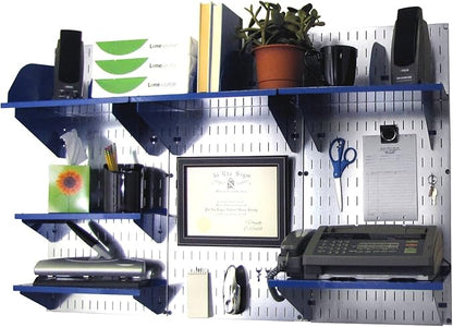 Wall Control Office Organizer Unit Wall Mounted Office Desk Storage and Organization Kit Slotted Metallic Wallboards and Blue Accessories