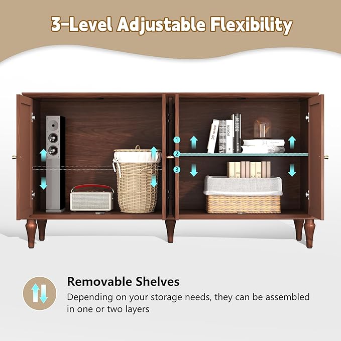 ARTPOWER Sideboard Buffet Cabinet with Storage, 58'' Mid-Century Modern Storage Cabinet with 4 Doors and Adjustable Shelves, Accent Style Sideboard for Entryway, Dining Room, Living Room, Brown